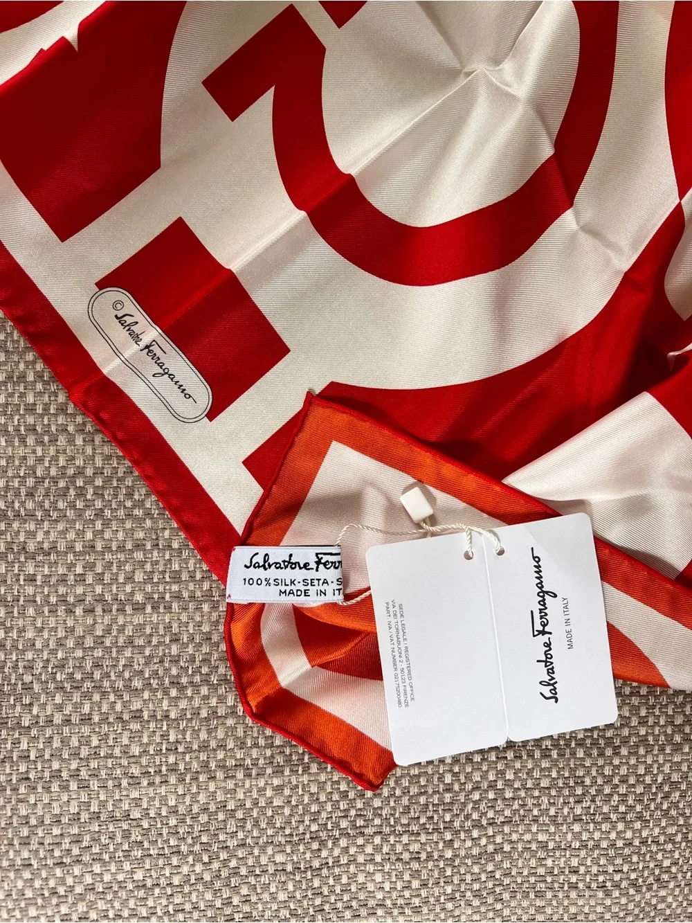 Salvatore Ferragamo Gancini Logo Print Authentic Silk Scarf – Red & White